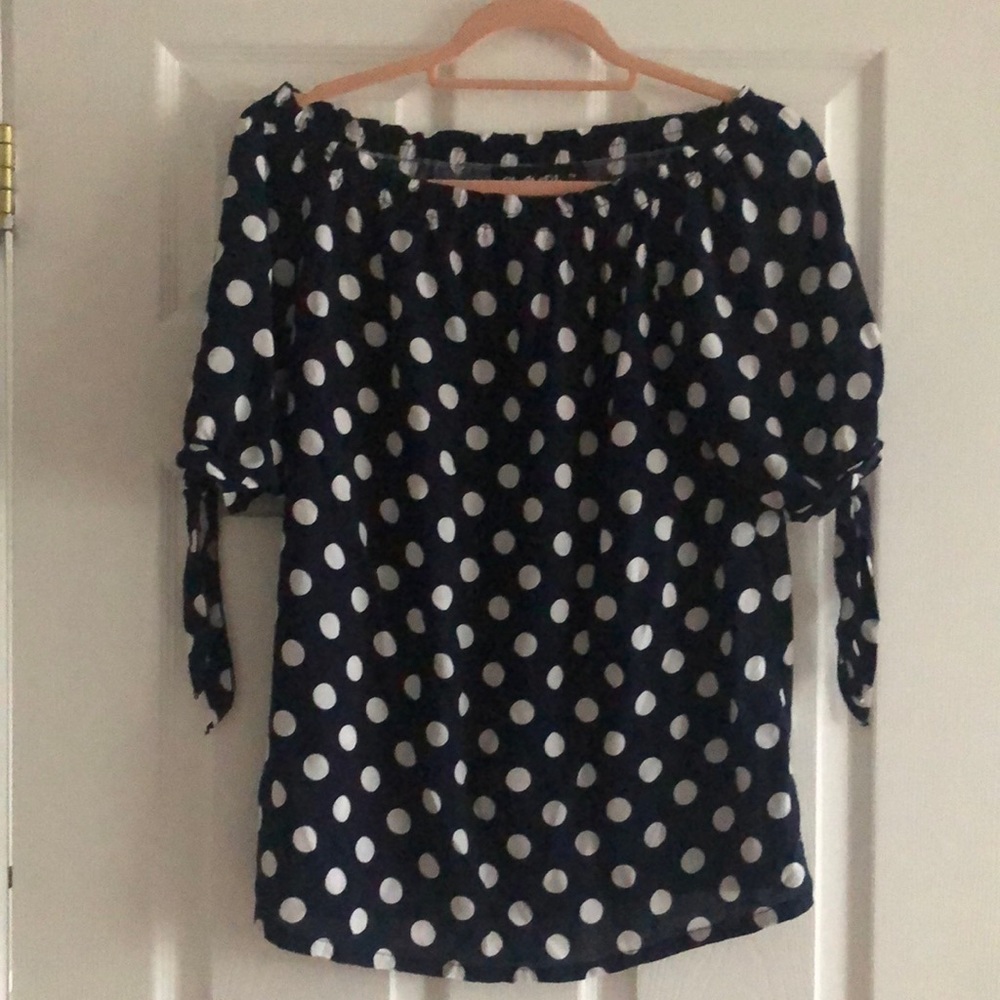 Navy blue polka dot off the shoulder blouse